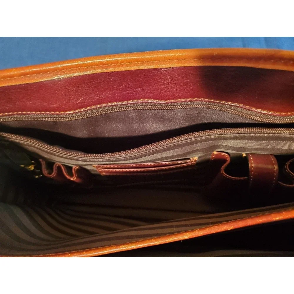 Cognac Brown Leather Briefcase‎ Lap Top Case Dbl Handle Shoulder Strap Vantaggio